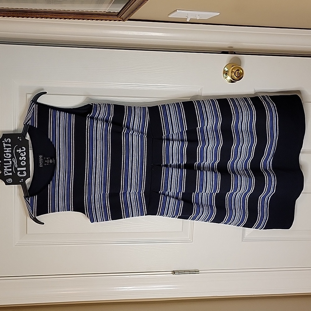 Enfocus Studio Dress 10 Sleeveless Stripe Dots Navy White